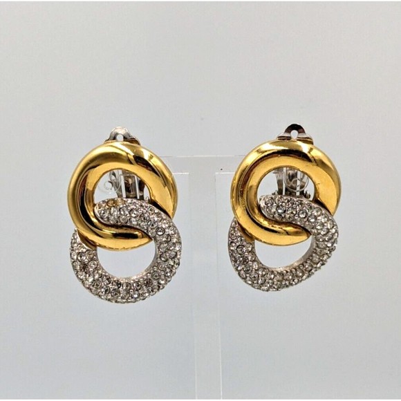Vintage Givenchy Gold-Silver Tone Rhinestone Interlocking Links Clip On Earrings - Picture 3 of 9